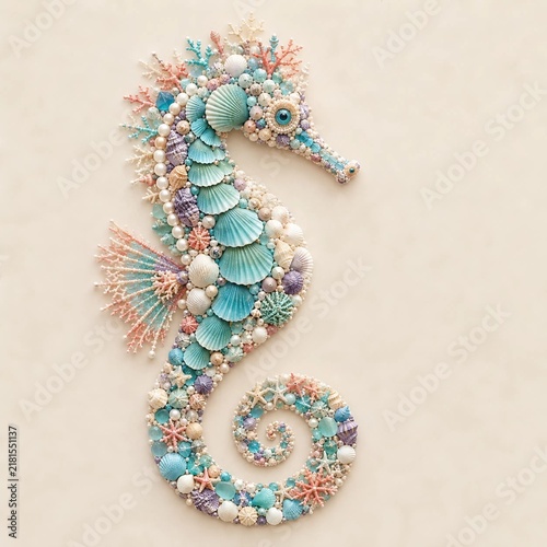 Pastel Seahorse Made of Seashells and Coral on Beige Background