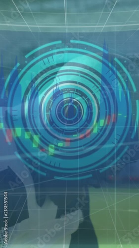 Animation of data processing and scope scanning over diverse rugby players at stadium