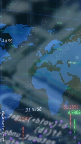 Animation of financial data processing and world map against close up of a circuit board