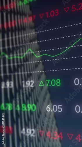 Animation of stock market data processing against low angle view of a tall building