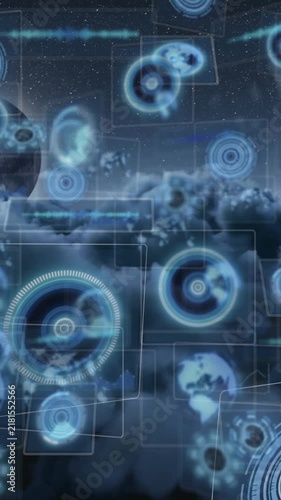 Animation of data processing over sky with clouds and moon
