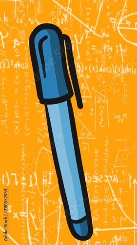 Animation of pen over mathematical equations on orange background