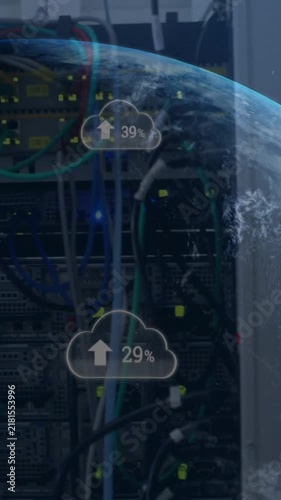 Animation of arrow and changing numbers in clouds and globe over data server system