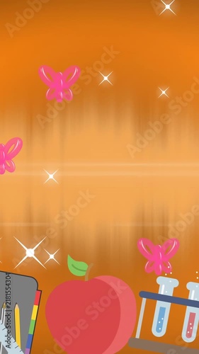 Multiple school items over pink balloons and shining stars with copy space on orange background