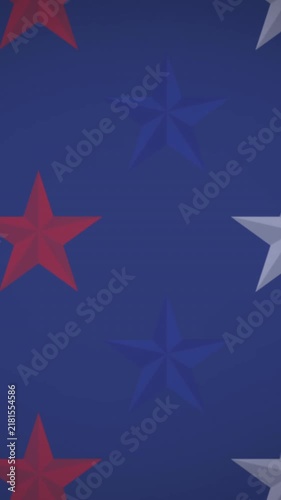 Animation of red and white stars icons in seamless pattern against copy space on blue background