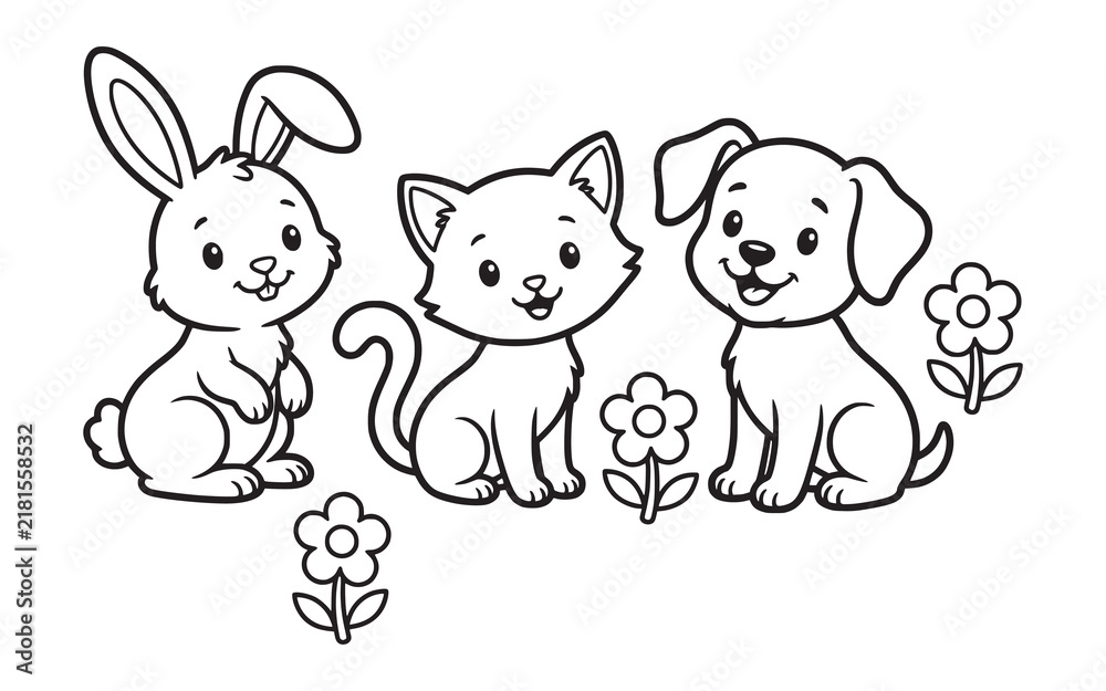 Fototapeta premium Cute Animals Coloring Page with Rabbit Cat and Dog, linear vector illustration for children educational activity