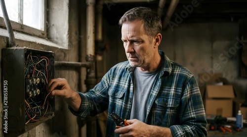 Man inspecting basement electrical panel
