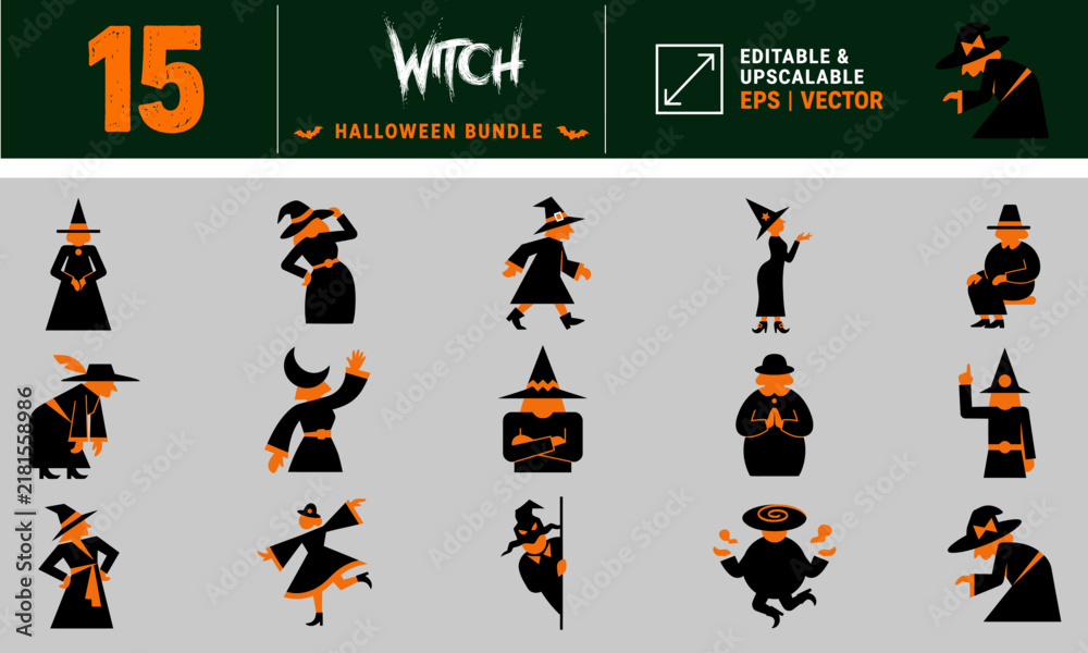 Fototapeta premium A collection of fifteen different cartoon witch characters in various poses for halloween themed graphic design projects