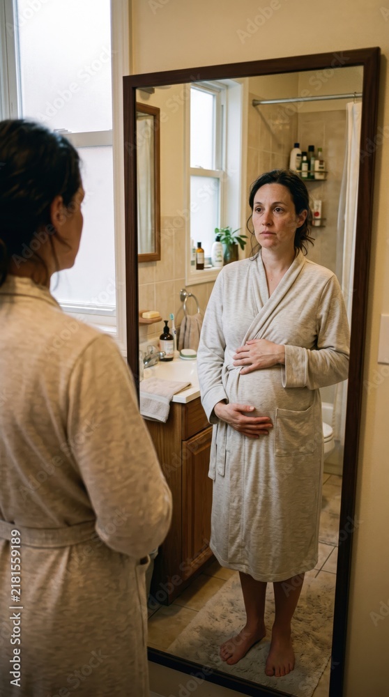 Obraz premium Pregnant woman checks her belly in mirror