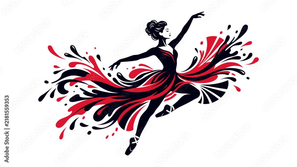 Fototapeta premium Ballerina dancing with flowing red and black paint splashes and abstract artistic elements