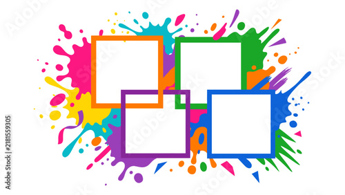 Four overlapping empty square frames on a colorful paint splash graphic background with artistic bor
