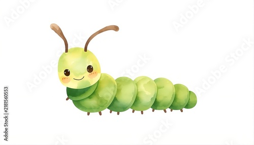 Cute Smiling Light Green Caterpillar Watercolor Illustration