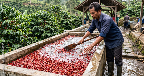 Coffee Farmer Washing Fresh Coffee Cherries