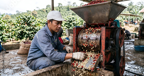 Coffee Farmer Operating Coffee Pulping Machine