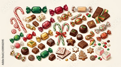 Assorted Christmas candies and chocolates on white background for holiday celebration