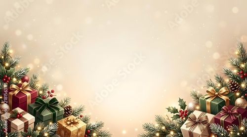 Christmas gift boxes and fir branches frame with golden bokeh background for holiday card