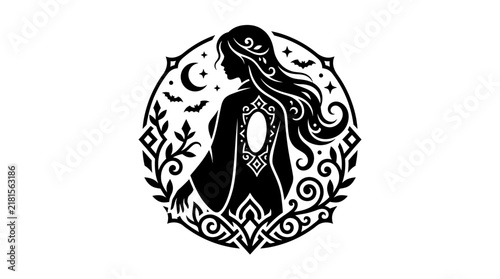 Black and white silhouette of a mystical woman in a circular frame.