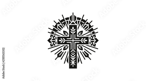 Black and white ornamental christian cross illustration with sunburst design.