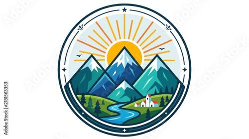 Circular mountain landscape illustration with sunrise and river.