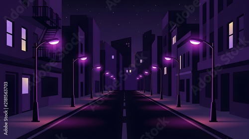 Empty city street at night with purple glowing streetlights and dark urban buildings.