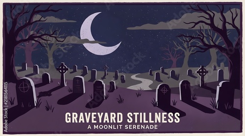 Pixel art graveyard at night with crescent moon and tombstones in a spooky landscape