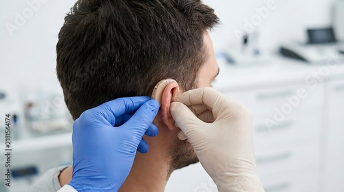 Audiologist fitting a hearing aid on a patient