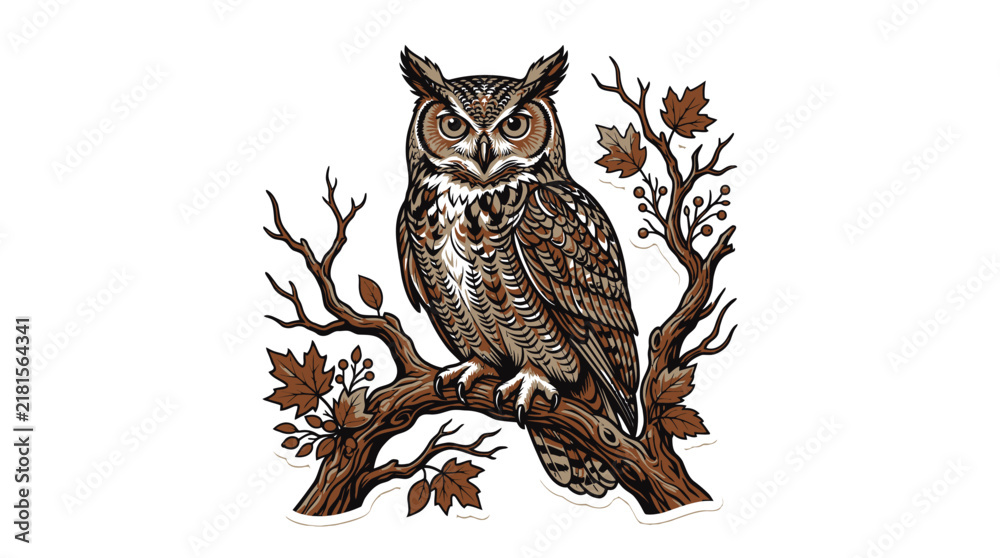 Obraz premium Owl Illustration Perched on Autumn Branch with Leaves