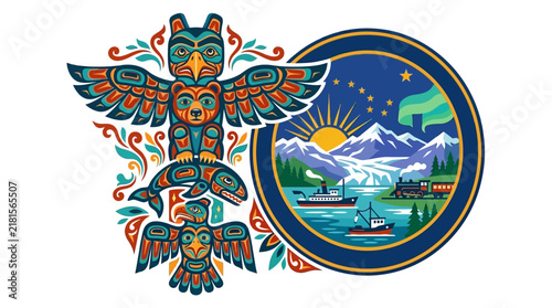 Colorful Totem Pole and Alaska Landscape Circle Illustration.