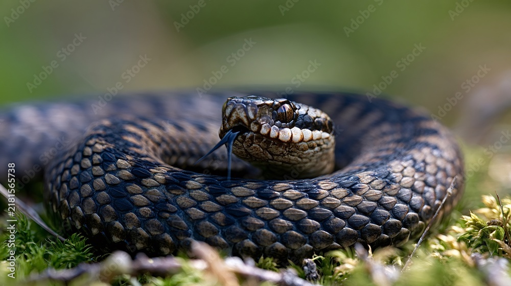 Obraz premium European adder viper snake - vipera berus - coiled on mossy forest ground, flicking its tongue to sense the surroundings while displaying its distinctive scaly pattern and keen eyes