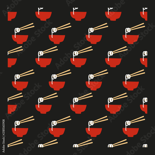 Asian Noodle Pattern with Red Bowls and Chopsticks. Perfect for ramen restaurant branding, Asian food packaging, fabric, wallpaper, wrapping paper, stationery, kitchen textiles, menu design, etc