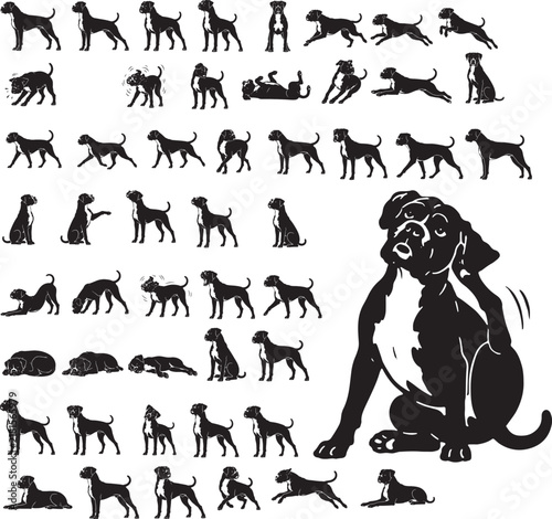 Boxer Dog Silhouette Set Premium Purebred Black Vector Icons Collection