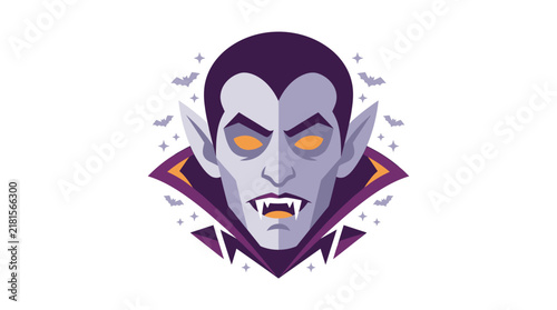 Illustration of a vampire character with glowing eyes and bats.