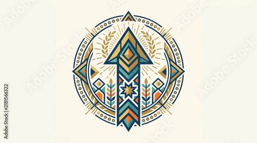 Decorative arrow emblem with tribal geometric patterns and circular border.