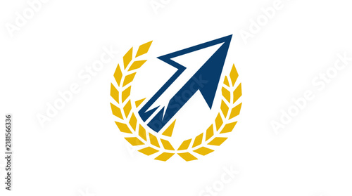 Abstract Logo Icon Featuring an Upward Arrow Encircling by Golden Laurel Wreath.