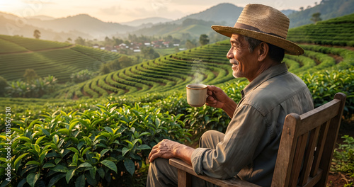 Coffee Farmer Enjoying the Fruits of His Labor in Coffee Plantation
