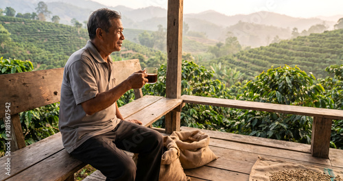 Coffee Farmer Enjoying a Cup of Fresh Coffee