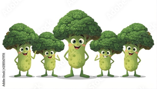 Cute Broccoli Family Cartoon Characters on Green Background
