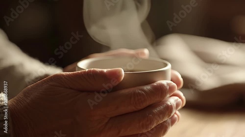 Close up of senior hands holding a steaming hot cup of coffee or tea for warmth and comfort.