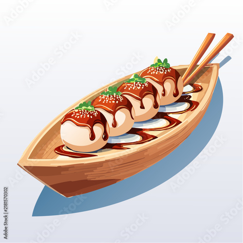 Tapety artystyczne ソースとマヨネーズと青のりがかかったたこ焼きのイラスト