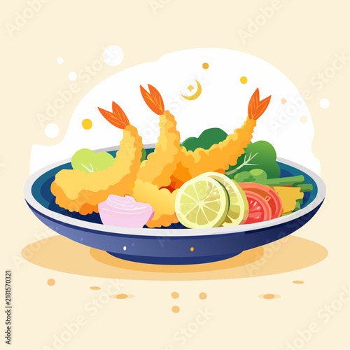 サクサクの海老と野菜の天ぷら盛り合わせのイラスト
