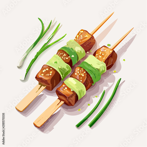 こんがりと焼き目のついたねぎまの焼き鳥のイラスト