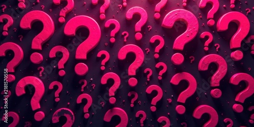 A multitude of vibrant pink question marks scattered across a dark surface, symbolizing uncertainty and the pursuit of answers.