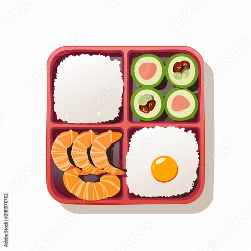梅干しご飯とエビフライや野菜が入った伝統的な幕の内弁当のイラスト