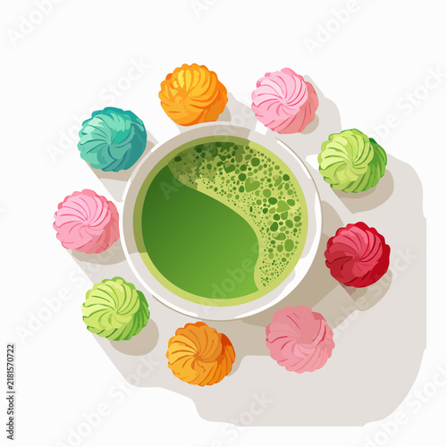カラフルな和菓子と茶碗に入った抹茶のイラスト