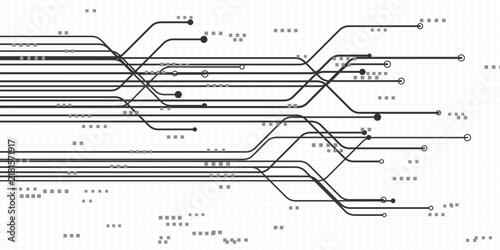 Black and white circuit trace background. Converging horizontal printed circuit board lines with connector nodes. Vector illustration