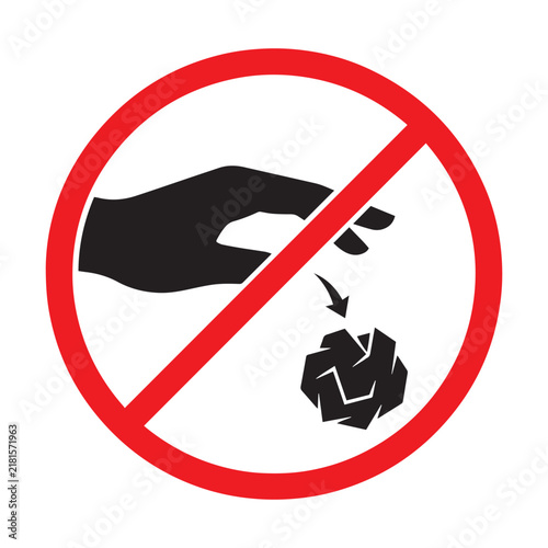 Foto A red circular prohibition sign showing a hand dropping trash indicating that li