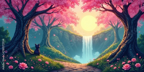 Serene Waterfall Vista A Black Cat Contemplates Tranquil Blossoming Trees and Cascading Water Under a Gentle Sun
