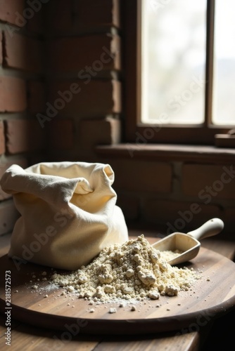 A rustic still life featuring a burlap sack overflowing with a mound of unbleached flour, delicately spilled onto a wooden board, bathed in soft, natural light from a nearby window.