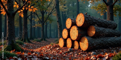 Stack of logs in autumn forest, sunlight illuminating wood texture, fallen leaves scattered on ground
