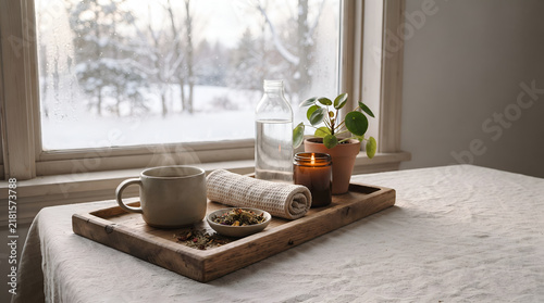 Cozy Winter Wellness Ritual with Herbal Tea, Candle and Plant by Snowy Window